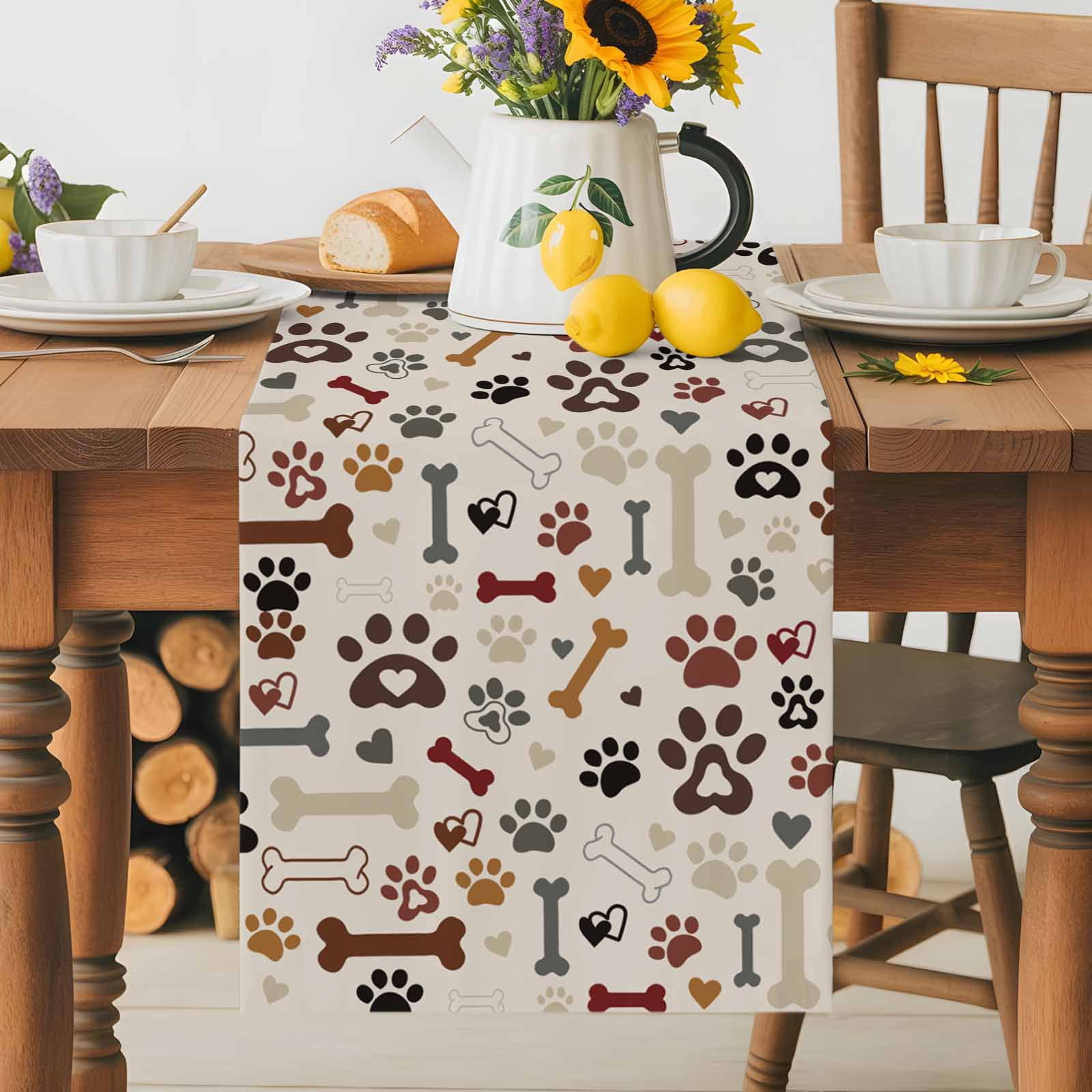 Seamless Dog Paw Bone Texture Table Runner 90 Inches Long, Pet Claw Love Heart on Khaki Table Runners Tabletop Scarf Kitchen Dining Tables Decoration for Home Party Indoor Outdoor