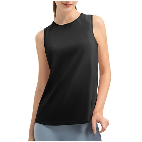 Jewelreauty Women Casual Yoga Tank Tops Summer Crew Neck Sleeveless Workout Gym Blouses Solid Athletic Tee (S, Black)