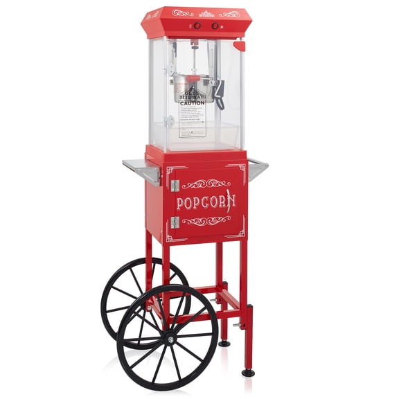 Olde Midway Popcorn Machine with Rolling Cart - Red, 6-oz Stainless Steel Kettle, Warming Function & Accessories