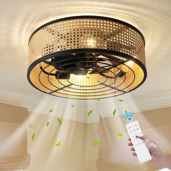 KAISITE 20" Boho Caged Dimmable Flush Mount Ceiling Fan with Lights and Remote Control, Rattan Enclosed 6 Speeds for Bedroom Living Room Kitchen