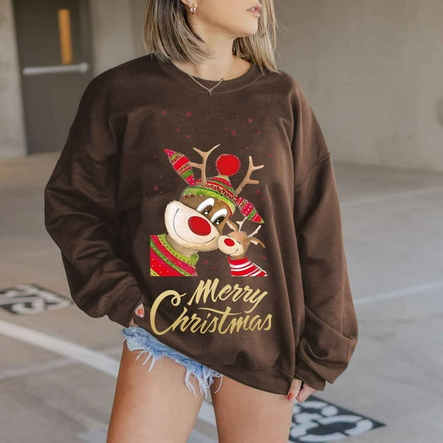 Chandail en Molleton de Noël pour Femmes 2023 Mode Manches Longues Col Rond Imprimé de Noël Hauts Amples Blouse Chandails en Molleton en Liquidation