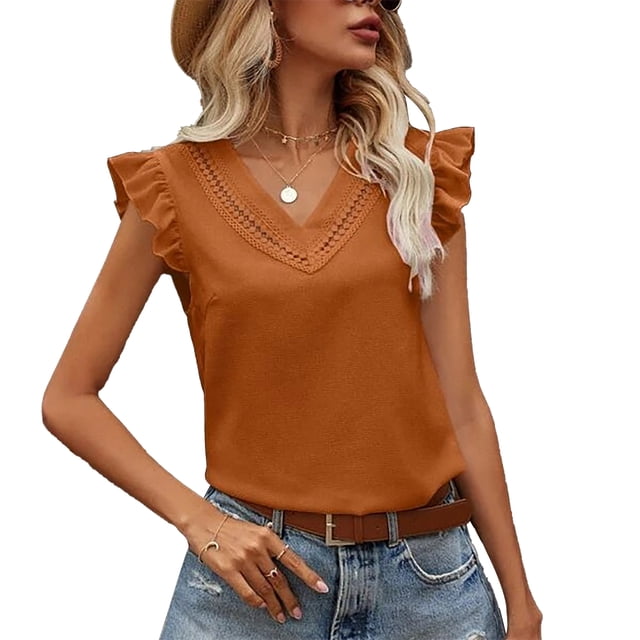 Tops sin mangas con volantes para mujer Colores puros Tops casuales con cuello en V de moda para citas Compras Ginger S