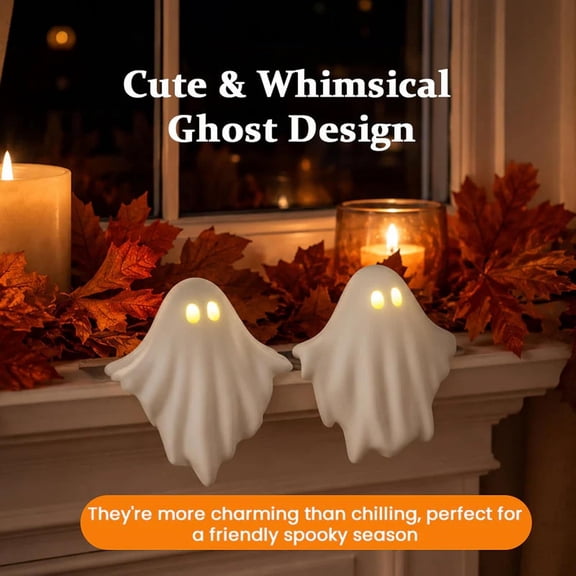 Light Up Ghost Table Decor, Sitting Glowing Ghost Shelf Ornaments with Warm LED Light, Cute Halloween Ghost Figurines for Bookshelf Mantel Desk, Cozy Fall Home Decor Accent (2PCS)
