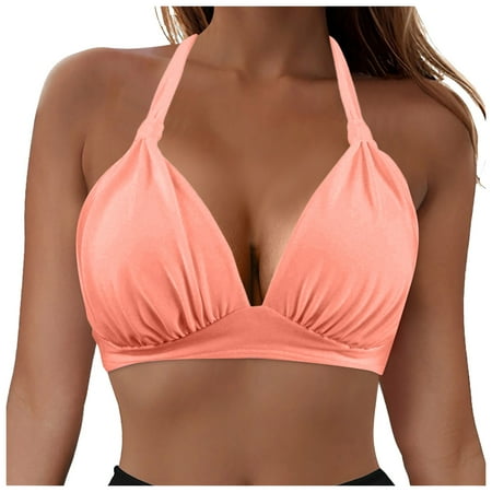 vigerkar Halter Bikini Top for Women Ruched Swim Top Triangle Bikini Bathing Suits Swimwear NO Bottom Pink  M