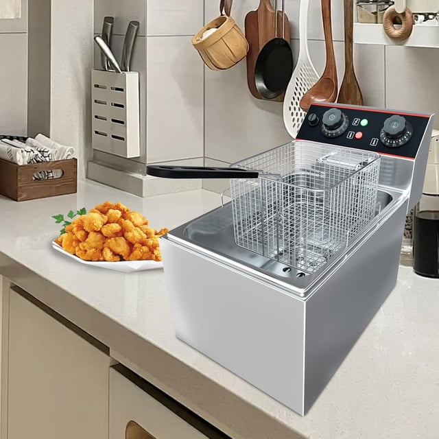 Bingirl Friteuse Électrique Commerciale de Comptoir en Acier Inoxydable 8 L avec Panier Détachable, Couvercle et Contrôle de Température Réglable - Panier Simple pour la Maison et le Restaurant