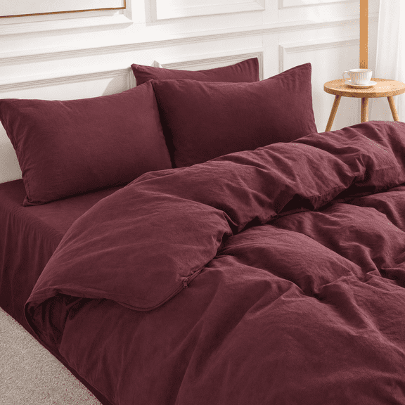 Burgundy(no Comforter), Queen (90"x90") Linen Look Textured Washed Cotton Duvet Cover Set
