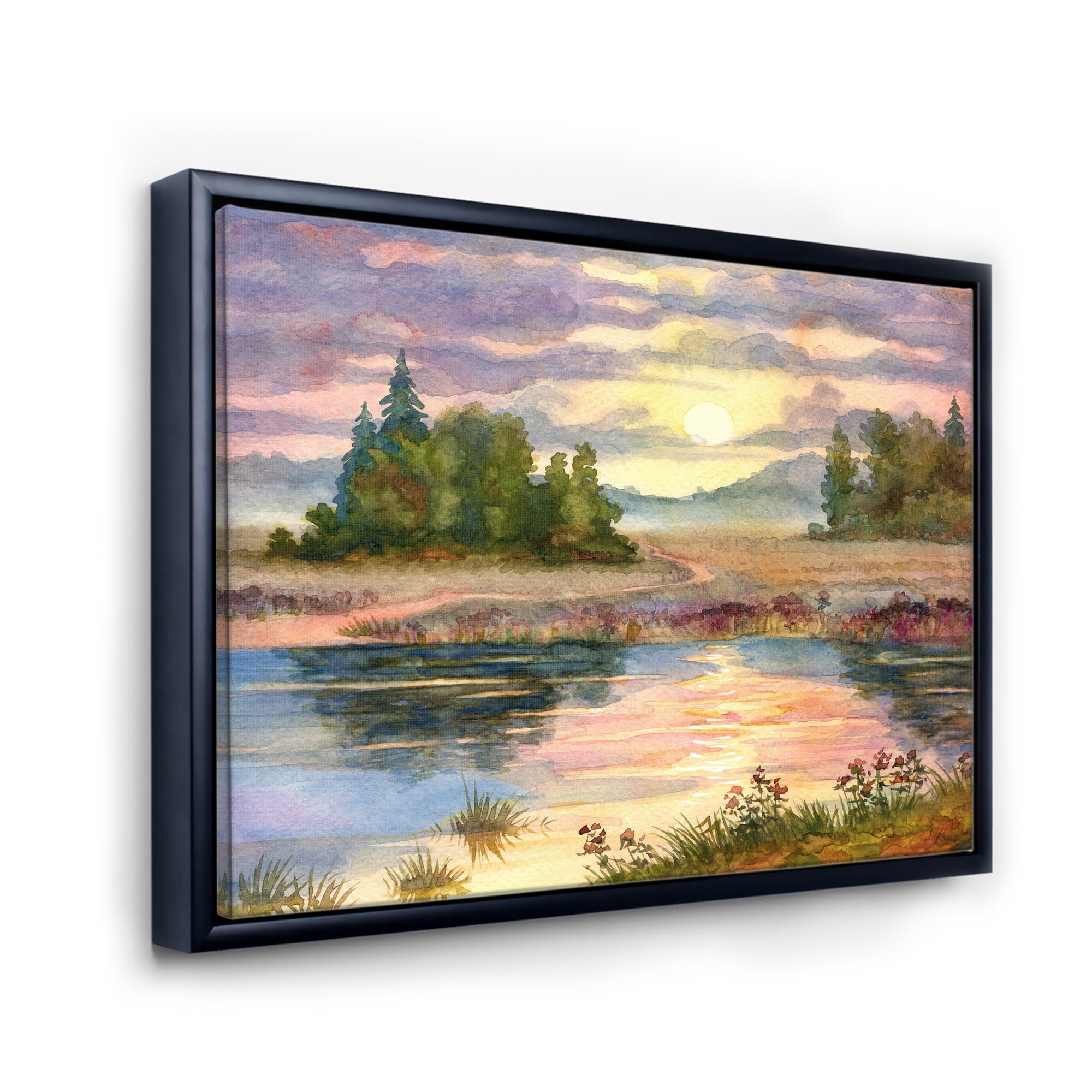 The Rural Lake In Sunset Evening I 20 in x 12 in Framed Painting Canvas Art Print, by Designart