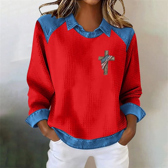 Endives Women's Blouse Long Sleeve Shirt Sweatshirt Casual Lapel Denim Stitching Pullover Sweatshirt Womens Tops