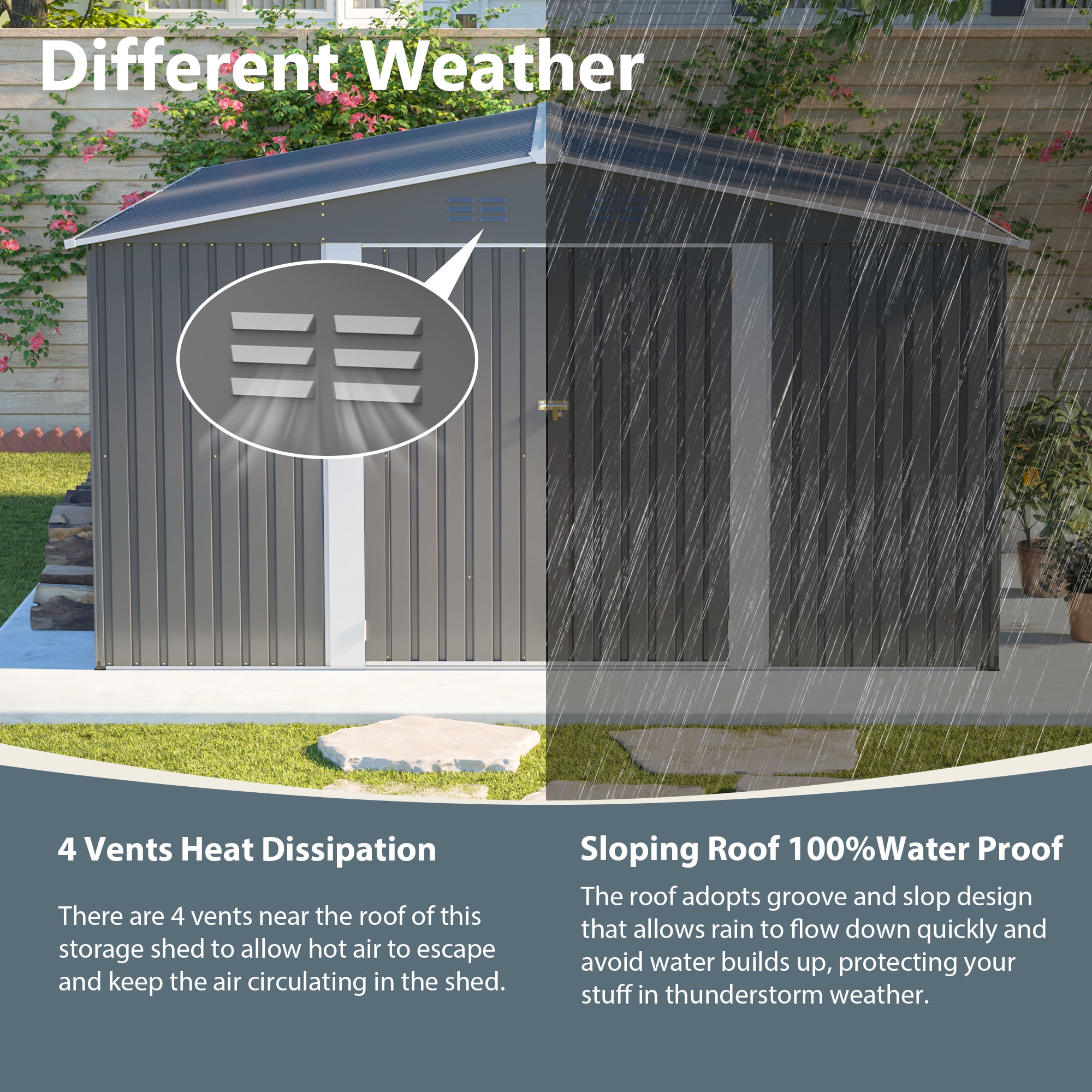DTTRA 12 x 14 FT Outdoor Metal Storage Shed with Floor Frame Kit, Galvanized Steel Waterproof Garden Shed with Lockable Double Doors and 4 Vents, Building Tool Sheds for Backyard Patio Lawn, Gray