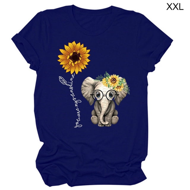 T-Shirt pour Femmes T-Shirt Imprimé Tournesol à Manches Courtes Top Imprimé Col Rond, Bleu Marine, XXL