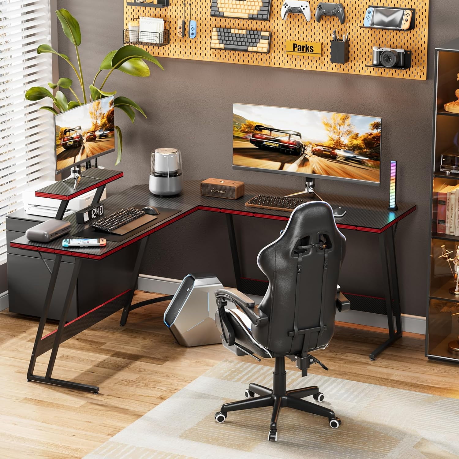 MorandiMal L Shaped Gaming Desk Computer Corner Desk PC Gaming Desk Table with Large Monitor Riser Stand for Home Office Sturdy Writing Workstation (Black, 51 Inch)