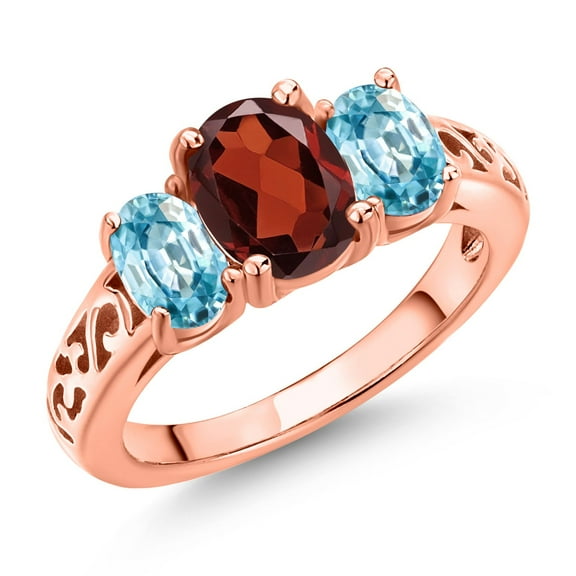 Gem Stone King 18K Rose Gold Plated Silver Red Garnet and Blue Zircon Filigree Style 3 Stone Ring for Women (2.80 Cttw, Oval 8X6MM and 6X4MM) (Size 5)