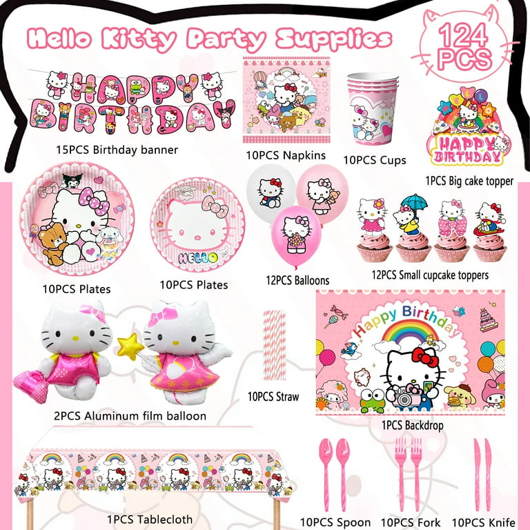 Hello Kitty Birthday Decorations,124pcs Hello Kitty Party Decorations & Hello Kitty Party Tableware Set - Hello Kitty Party Plates Cups Napkins Backdrop Balloon Banner etc Hello Kitty Party Supplies