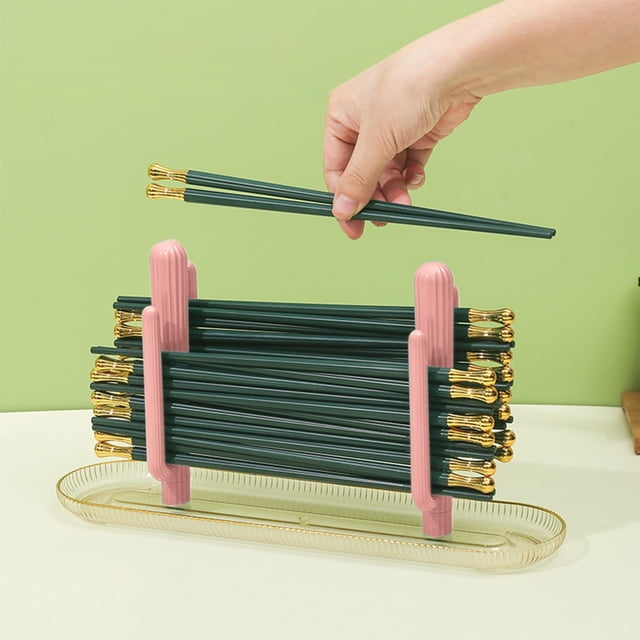 Uklsqma Rinseable Chopstick Organizer Rack | Cactus Design Cutlery Holder | Easy to Clean Plastic Storage with Drainage Tray | Humidity Protected Dry Kitchen Utensil Stand for Chopsticks and Forks