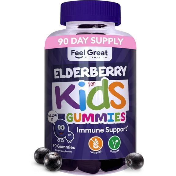 Feel Great Kids Elderberry Gummies with Zinc and Vitamin C | Kids Immune Support Sambucus Elderberry Gummies | Berry Flavored Vegan Kids Multivitamins | 90 Day Supply