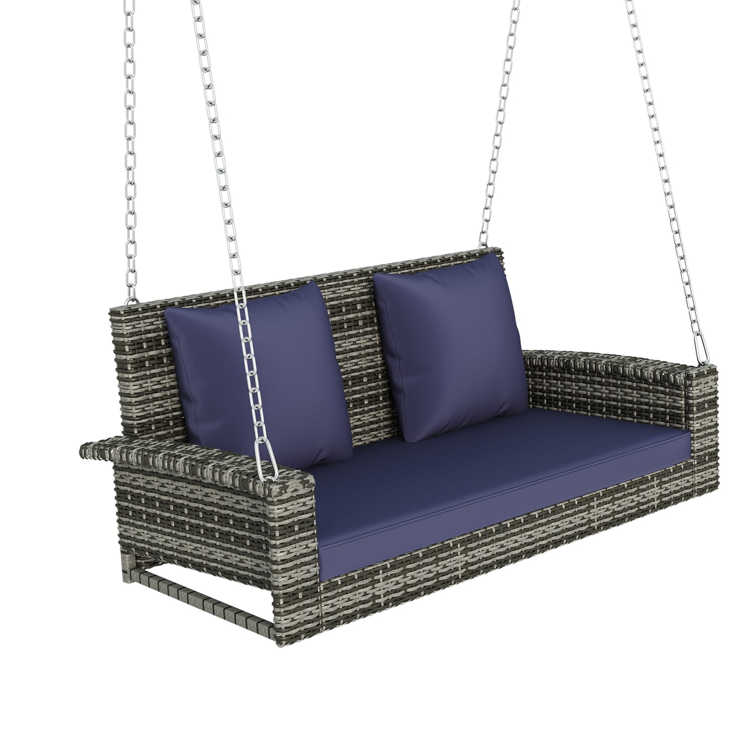 Kadyn 2-Person Wicker Hanging Porch Swing, Rattan Swing Bench with Chains, Cushion and Pillow, Outdoor Swing Chair for Garden, Backyard, Blue-gray Kadyn 2-Person Wicker Hanging Porch Swing, Rattan Swing Bench with Chains, Cushion and Pillow, Outdoor Swing Chair for Garden, Backyard, Blue-gray
