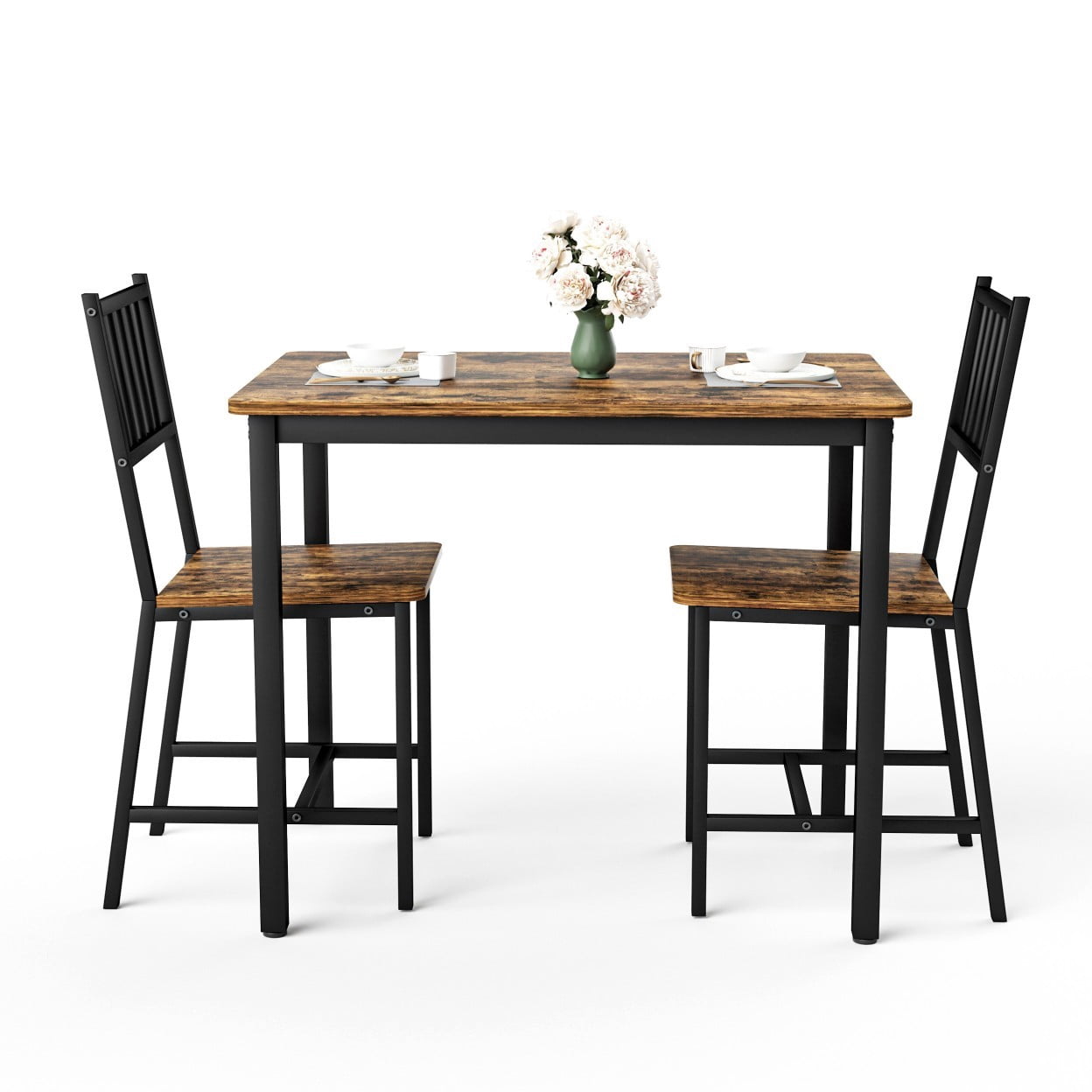 3 Piece Dining Table Set with 2 Chairs, Industrial Counter Height Kitchen Table Set, Breakfast Table for Small Space Dining Room Living Room, Rustic Brown