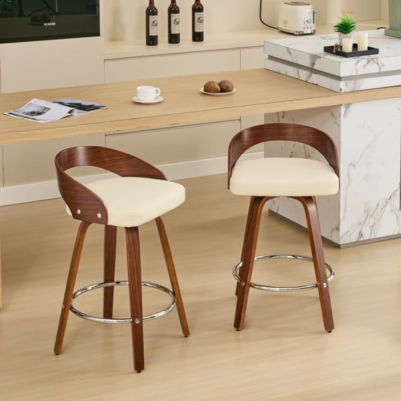 Pawverly 25" Counter Height Swivel Bar Stools Set of 2, Upholstered Faux Leather Bar Chairs with Low Back and Walnut Wood Frame for Kitchen Island, Dining Area, Beige