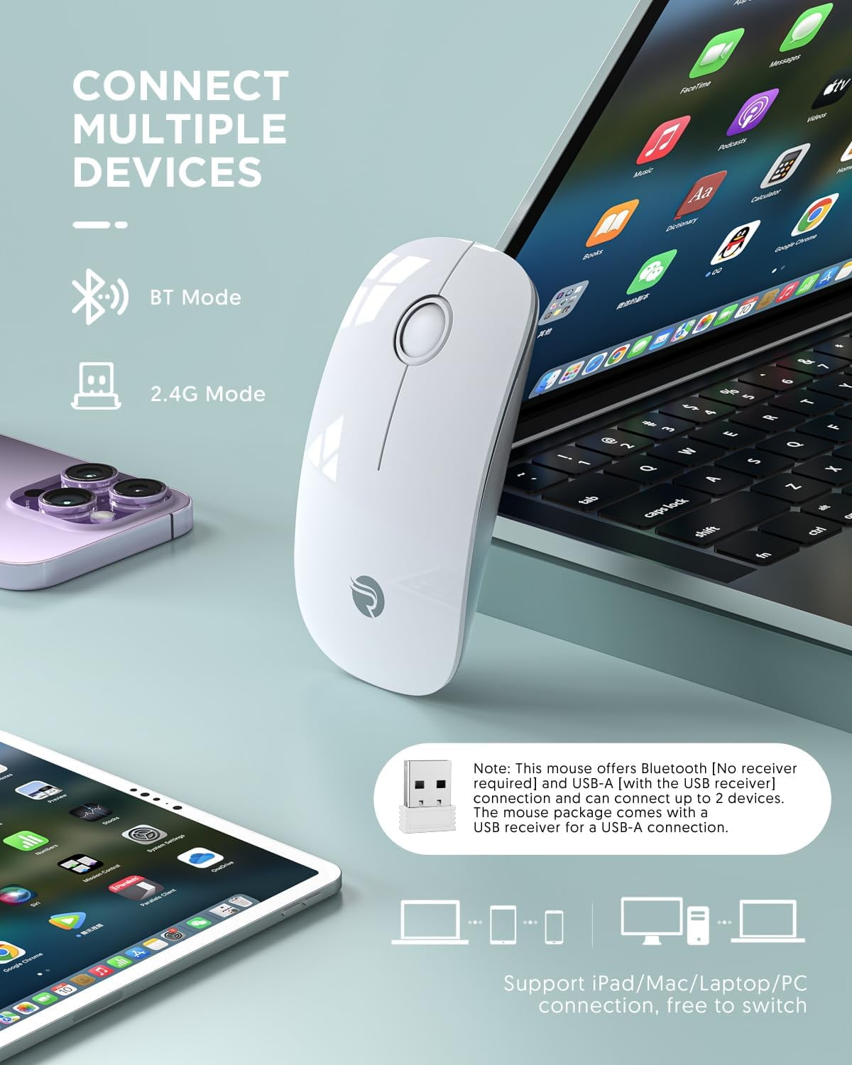 Bluetooth Wireless Mouse - (BT5.1+USB) Slim Dual Mode Computer Mice with Quiet Click, Low Power, and 1600 DPI, Portable Cordless for MacBook, Laptop, iPad Pro/Air, Chromebook (White)