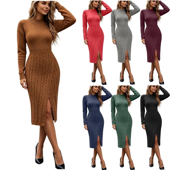 Idoravan Women's Sweater Dress Long Sleeve Fashion Bodycon Fall Winter Dress Split Hem Women's Long Sleeve Round-Neck Dress Sweater Winter Dresses
