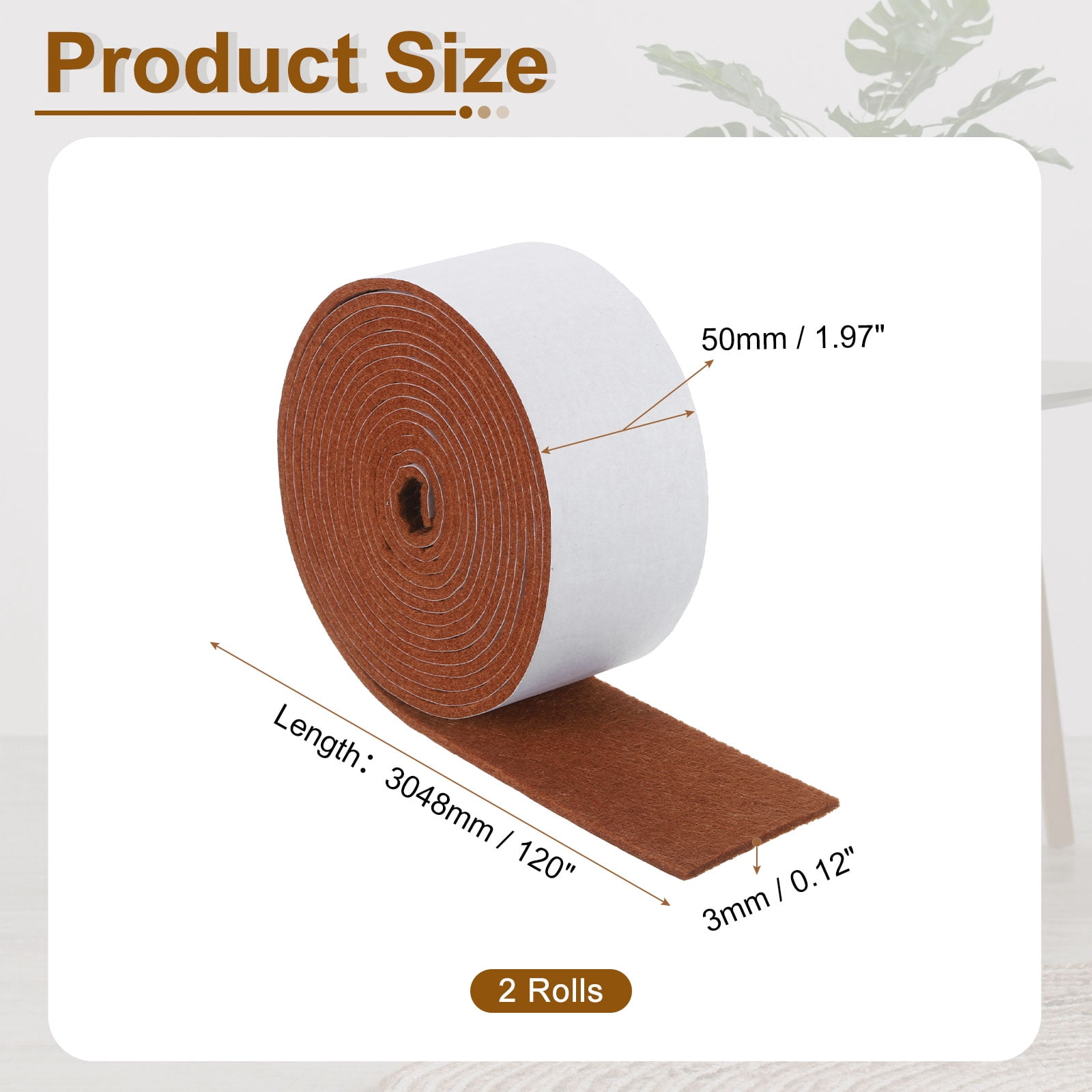 Felt Strips with Adhesive Backing, 2 Pack 2" x 120" x 0.12" Adhesive Felt Strips Anti Scratch Furniture Felt Tapes Self-Stick Felt Pads for Protecting Hardwood Floor, Brown