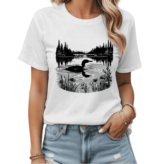 Rustic Loon Lake Scene Graphic Tees Womans T-shirt White S-5XL Shirts Daily Casual Tops