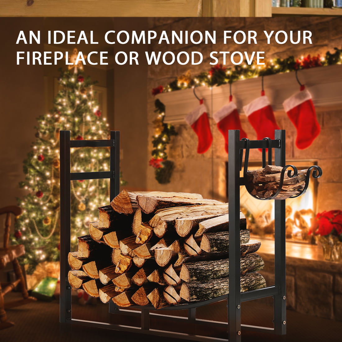 3ft Heavy Duty Indoor Outdoor Firewood Storage Log Rack with Kindling Holder