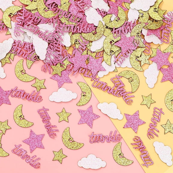 Twinkle Twinkle Little Star Table Decorations 200Pcs Confetti Rose Gold Twinkle Star for Girls Baby Shower Birthday Party Decorations Glitter Pink Gold Twinkle, Cloud, Moon Confetti