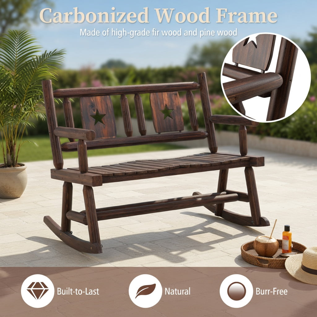Hommoo 2-Person Wooden Rocking Bench for Patio, Backyard & Porch, Ergonomic Double Rocker Loveseat with Carbonized Pine & Fir Frame, Rustic Brown