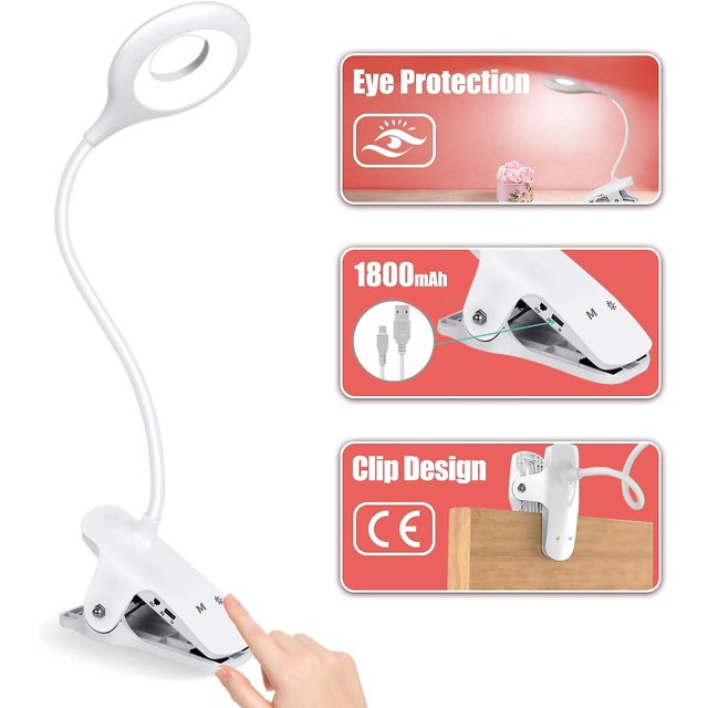 Lámpara de escritorio LED inalámbrica recargable, luz de lectura de libros con 28 LED, 3 colores y 3 regulables, lámpara de abrazadera para cama, lámpara de noche táctil para niños, blanca