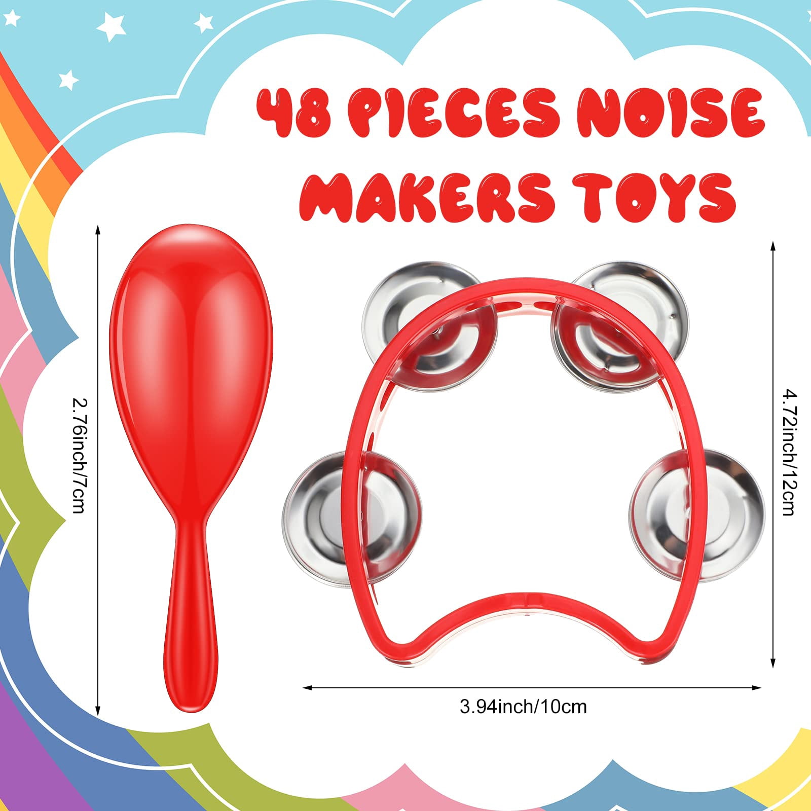 48 Pcs Shaker Musical Instruments Noise Makers Bulk Including 24 Percussion Tambourines Bell And 24 Mini Neon Maracas Shakers Handheld Tambourine Rhythm Gift Party Favor