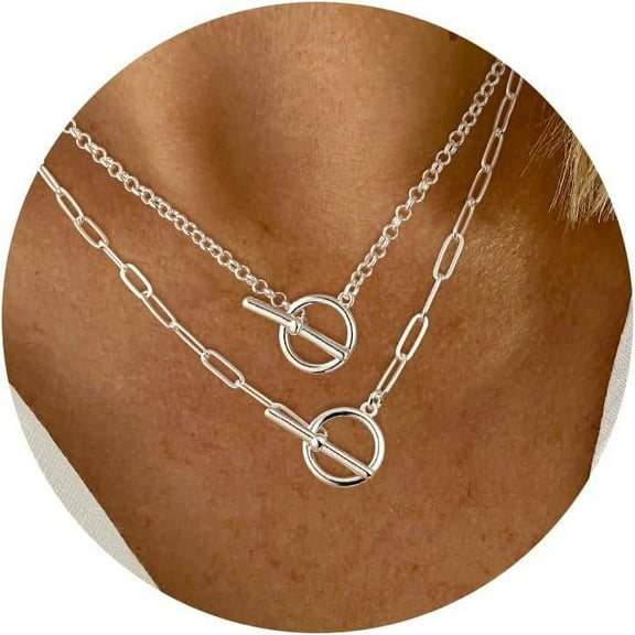 Silver Layered Necklaces For Women, 14K Silver Plated Chain Necklaces For Women Trendy Chunky Paperclip Chain Necklace Dainty Sterling Silver Toggle Necklaces Set Jewelry Gift For Her[o7579]