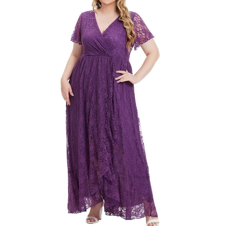 Women s Plus Size Floral Lace Maxi Dress Evening Gown 1X 5X V Neck Short Sleeve Wrap High Waist Formal Long Dress XX Large Purple