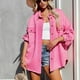 thumbnail image 2 of Cárdigan Camisa Manga Larga Solapa Bolsillo Botón Color Puro Casual Moda Top para Mujer Rosa Brillante L, 2 of 5