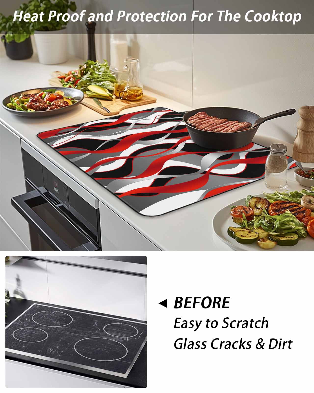 Stove Top Covers for Electric Stove, Red Stripe Glass Stovetop Cover Protector, Grey White Ombre Geometric Modern Abstract Induction Cooktop Protector Oven Mat for Kitchen Countertop 36"x21"