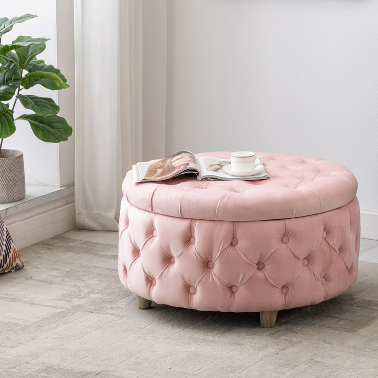 WestinTrends Wordford Round Velvet Tufted Storage Ottoman Velvet Pink