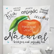 Tangerine Tapestry, Watercolor Citrus Fruit and Leaf with Cursive Lettering, Fabric Wall Hanging Decor for Bedroom Living Room Dorm, 5 Sizes, Dark Orange Lime Green, by Ambesonne