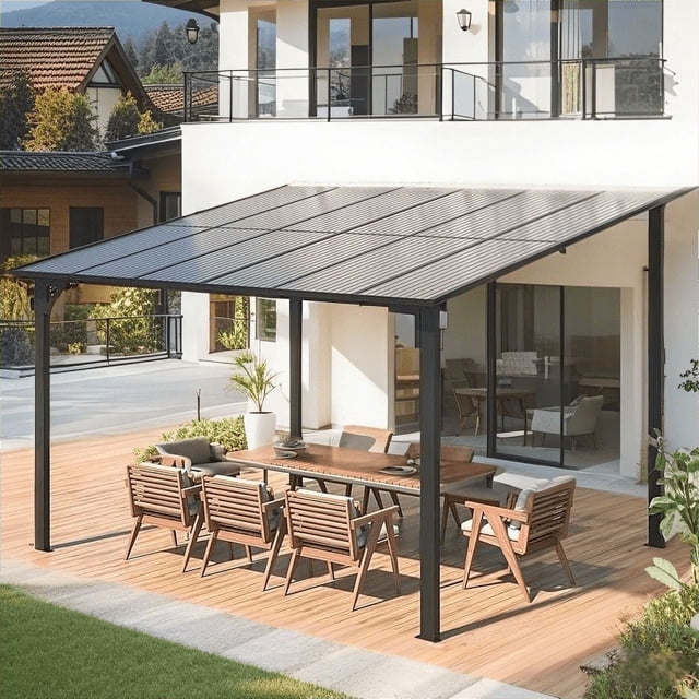 AECOJOY 10' x 12' FT Gazebo, Outdoor Waterproof Aluminum Pergola in Grey, wall-mounted to a modern patio. The pergola features a durable aluminum frame with a slanted hardtop roof, providing 120 sq. ft. of shaded space. It is designed to withstand up to 66 lbs/㎡ of snow and wind speeds of 40–50 mph. The setup includes a wooden dining table with matching chairs on a wooden deck, surrounded by greenery and a contemporary house in the background.