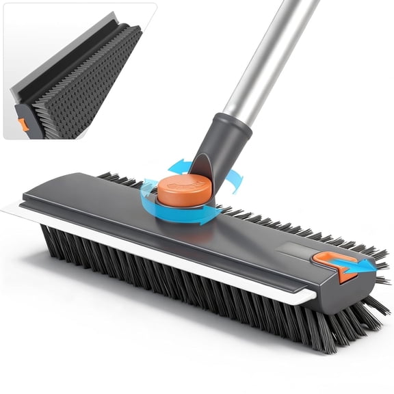 JFengqi Floor Scrub Brush with Long Handle, 3 in 1 Multi-Angle Swivel Heavy-Duty Stiff Bristle Scrubber and Squeegee for Cleaning Tile, Shower Bathroom, Patio, Garage, Wall & Deck