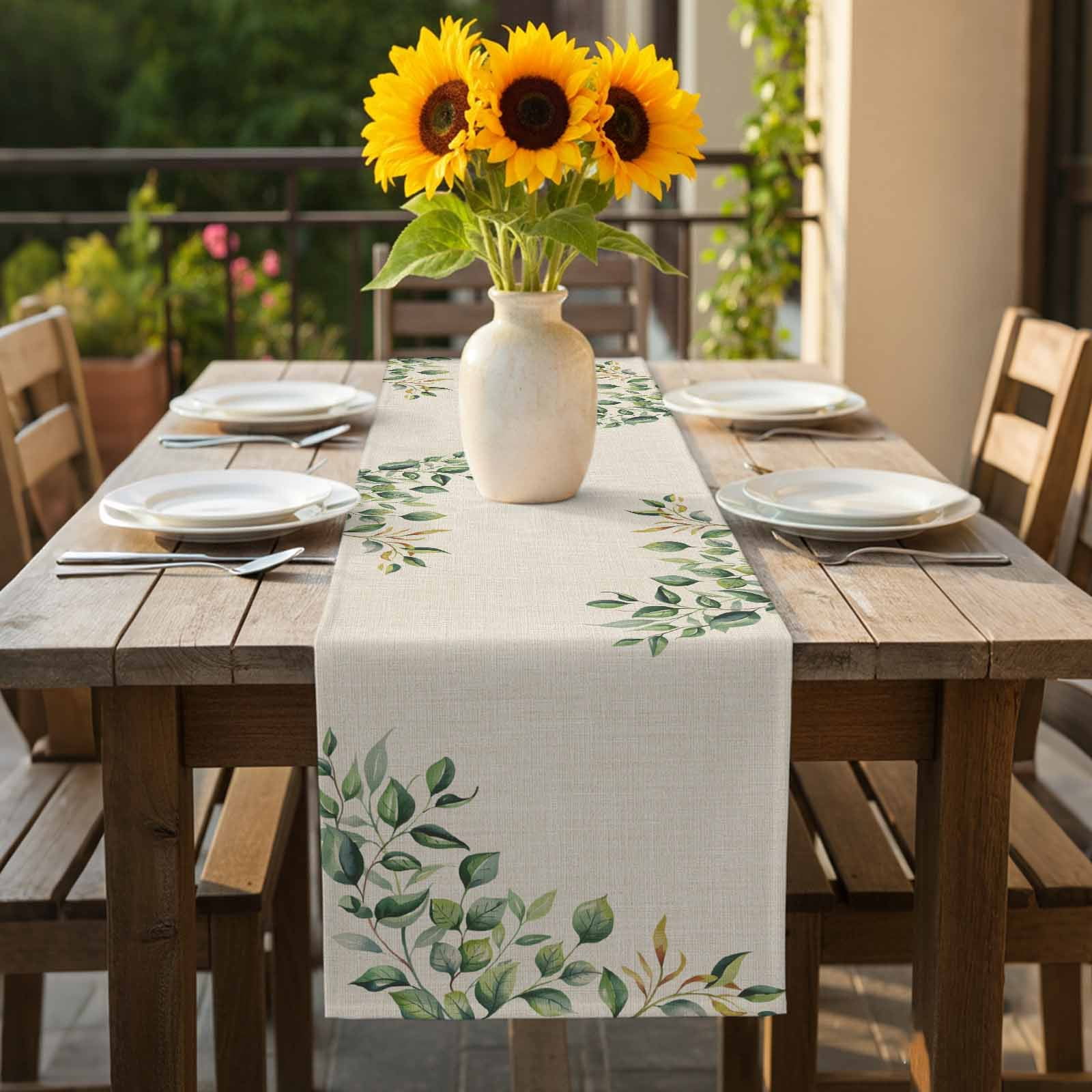 Spring Leaf Cotton Linen Table Runner Summer Floral Countryside Linen Dining Table Runners for Home Decor Party Dining Room Restaurant Kitchen 13" x 90"
