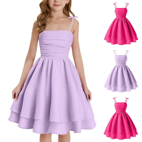 Milgrthf Girl's Cute A Line Dress Smocked Ruched Swing Dresses Layered Tie Shoulder Flowy Cami Dress 8-16 Year Hot Pink