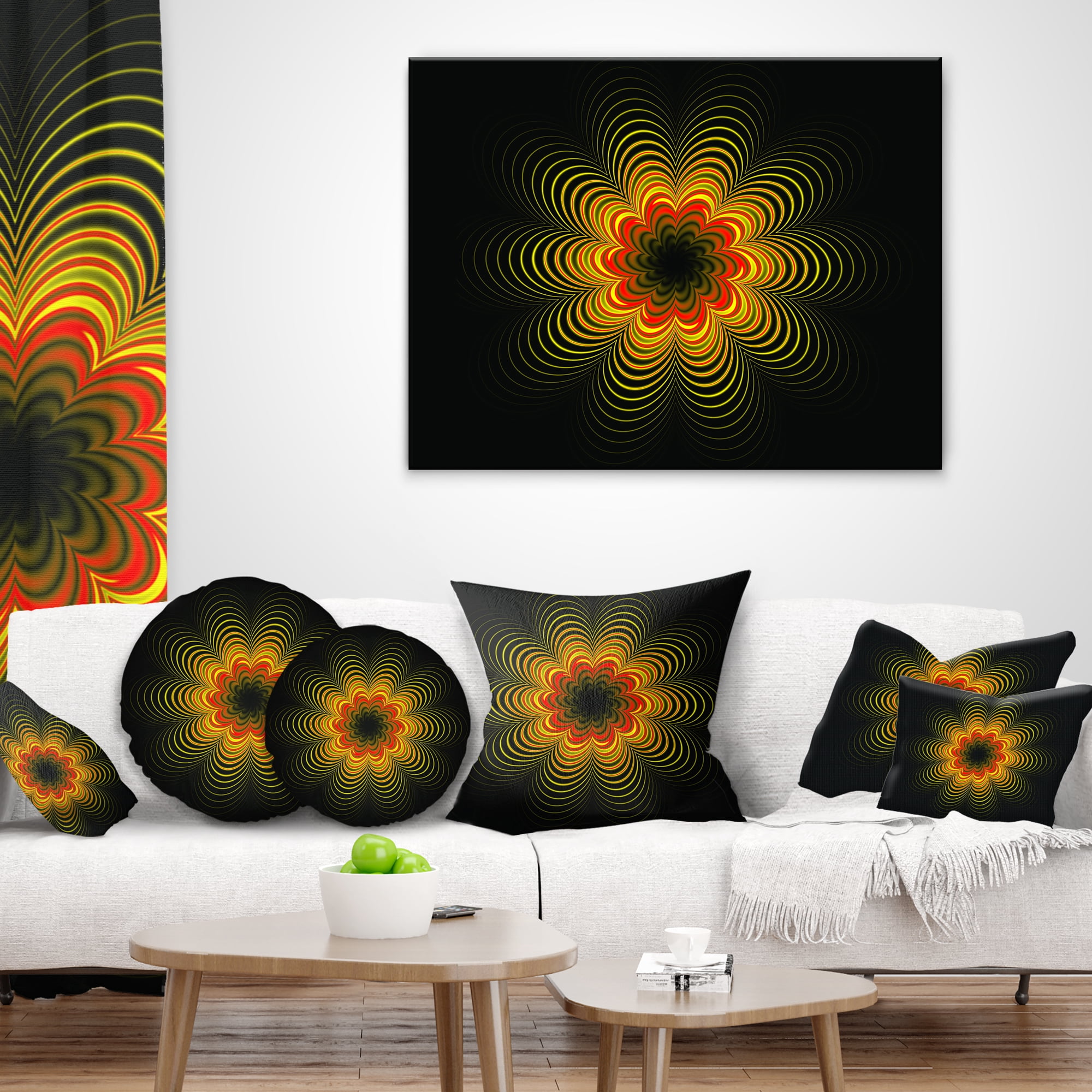 Designart Psychedelic Yellow Fractal Flower - Floral Throw Pillow - 16x16