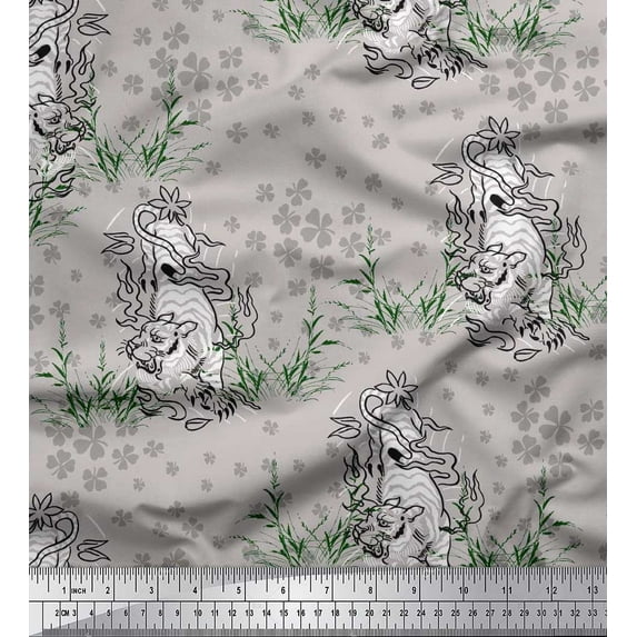Soimoi Cotton Poplin Fabric Clover Grass & Lion Animal Fabric Prints By Yard 56 Inch Wide