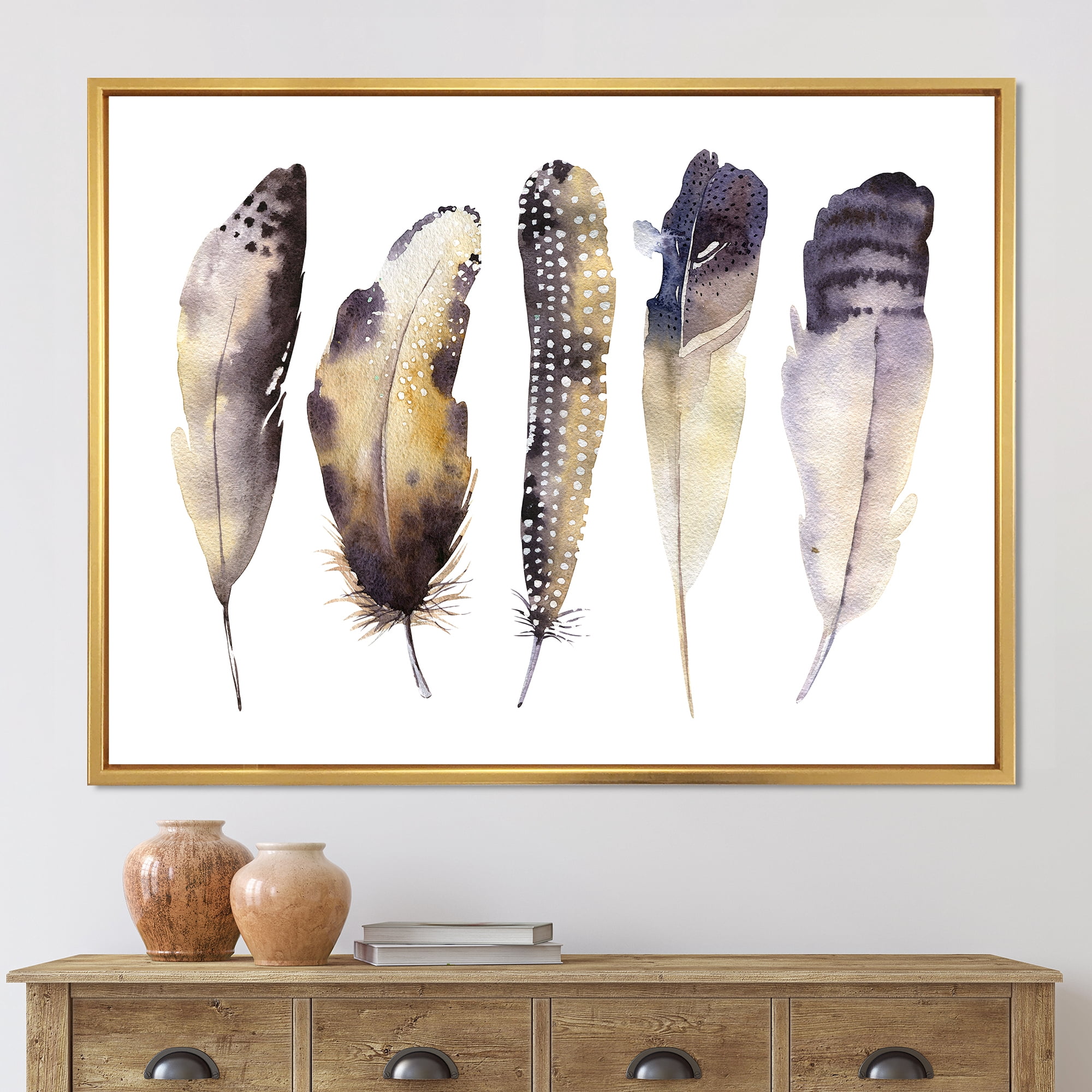 Dark Gray Feathers Boho Ethnic I 32 in x 16 in Framed Painting Canvas Art Print, by Designart