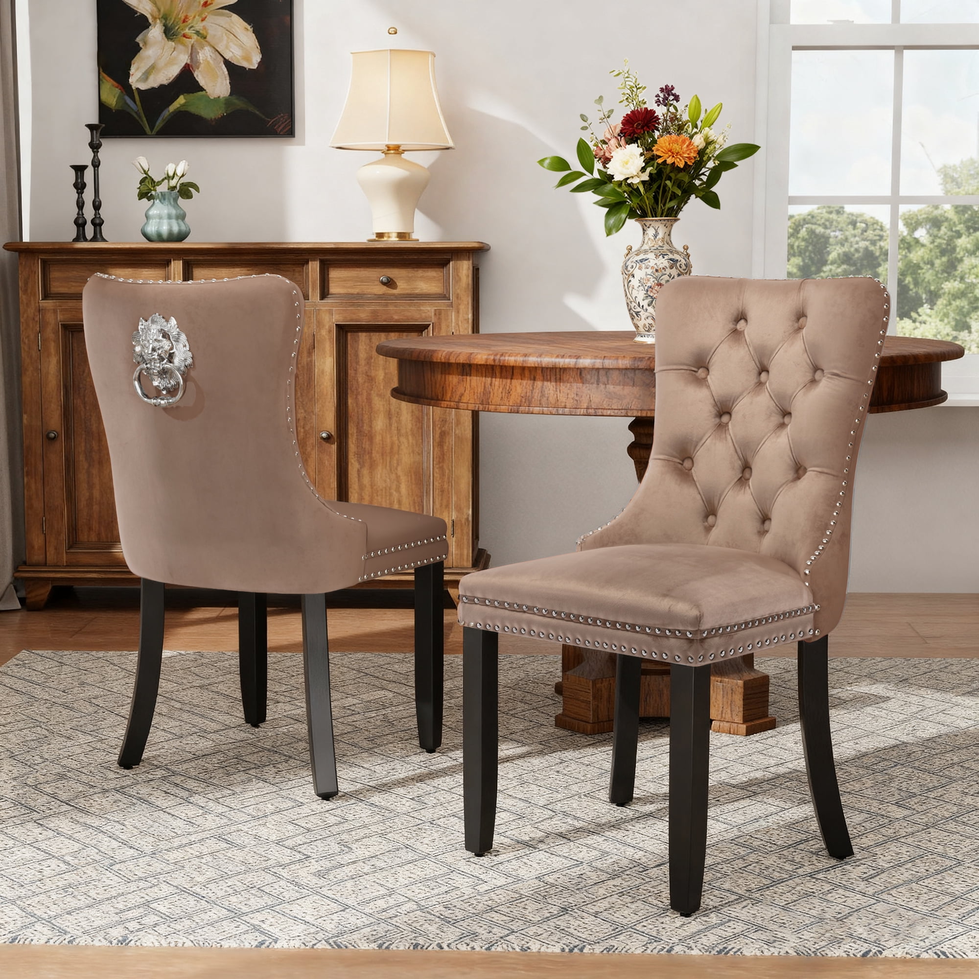 DONICK Velvet Upholstered Dining Chair Set of 8,Modern Tufted Kitchen Chairs Nailhead Lion Pull Ring Black Wood Legs(khaki)