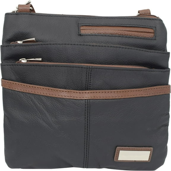 Pemium Leather Body Purse - Multi Pocket Zipper Cross Body Handbag with Exterior Mirror - Adjustable Shoulder Strap -Convenient Travel Bag - Designed in the U.S.A.