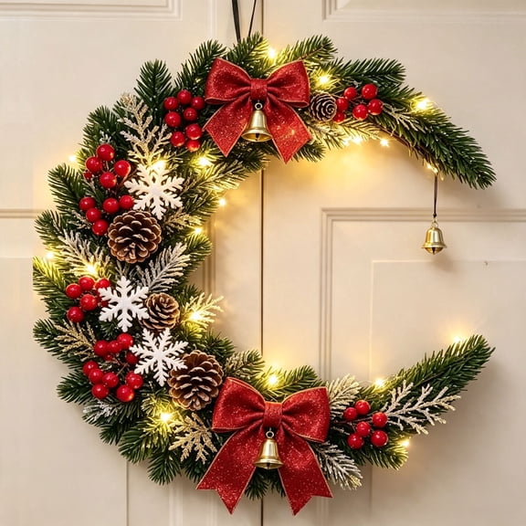 18 inch Christmas Wreath for Front Door, Lighted Artificial Christmas Door Decorations with Red Bows Bells Berries Pinecones Snowflakes for Xmas Home Wall Window Door Decor
