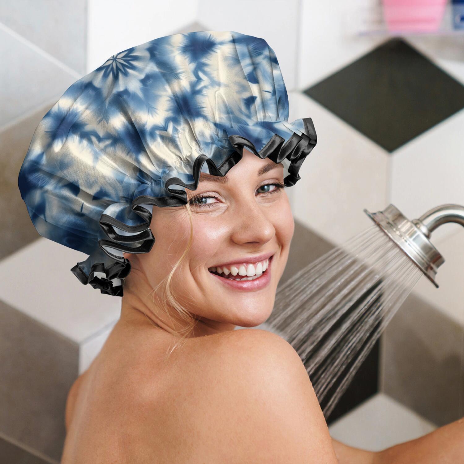 Shower Caps,Indigo Tie Dye Star Waterproof Shower Cap for Women 4 Pieces,Double Reusable Hair Cover for Shower PEVA Elastic Stretch Hem