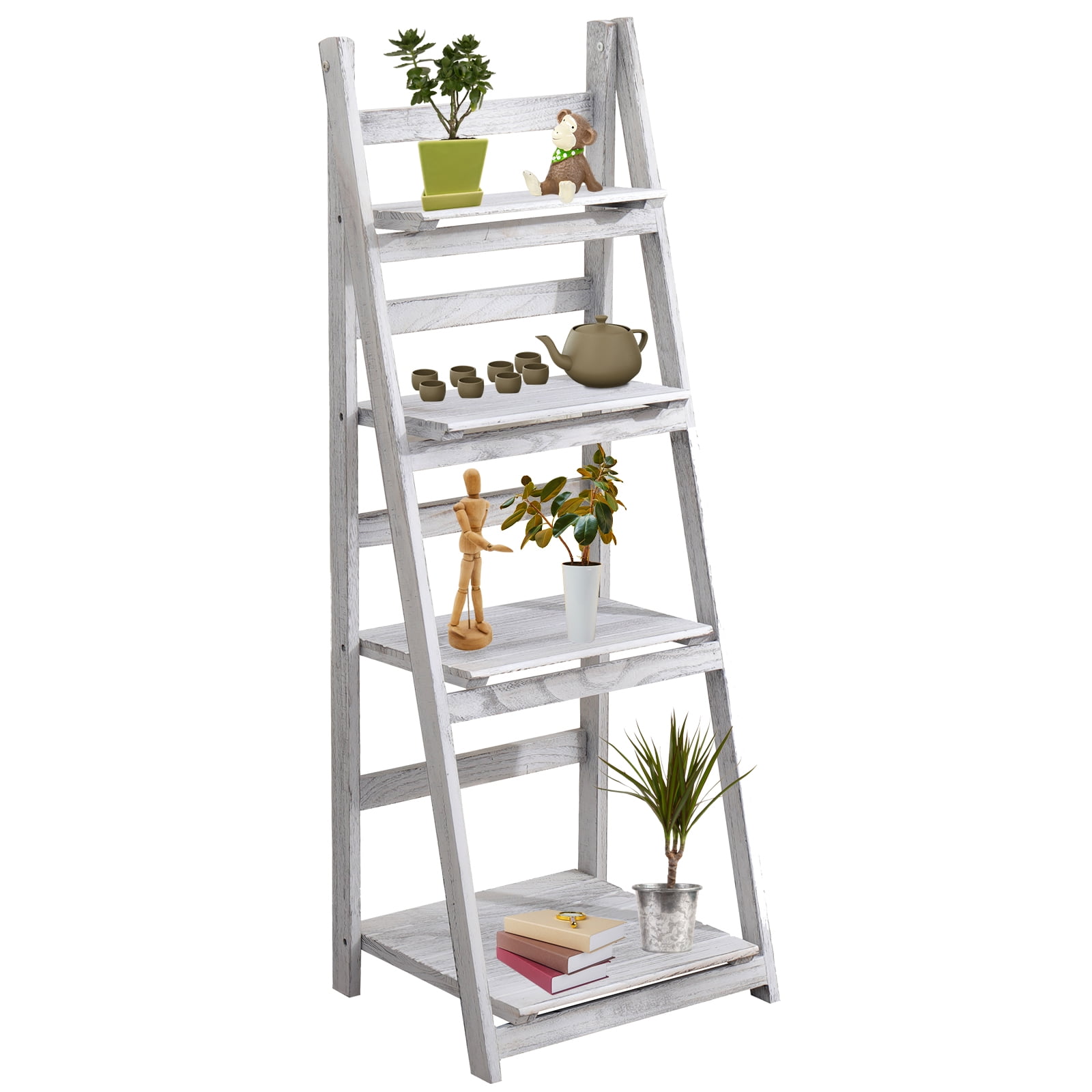 Babion 4 Tier Ladder Shelf, Wooden Ladder Shelf 4 Tier Bookshelf Rustic