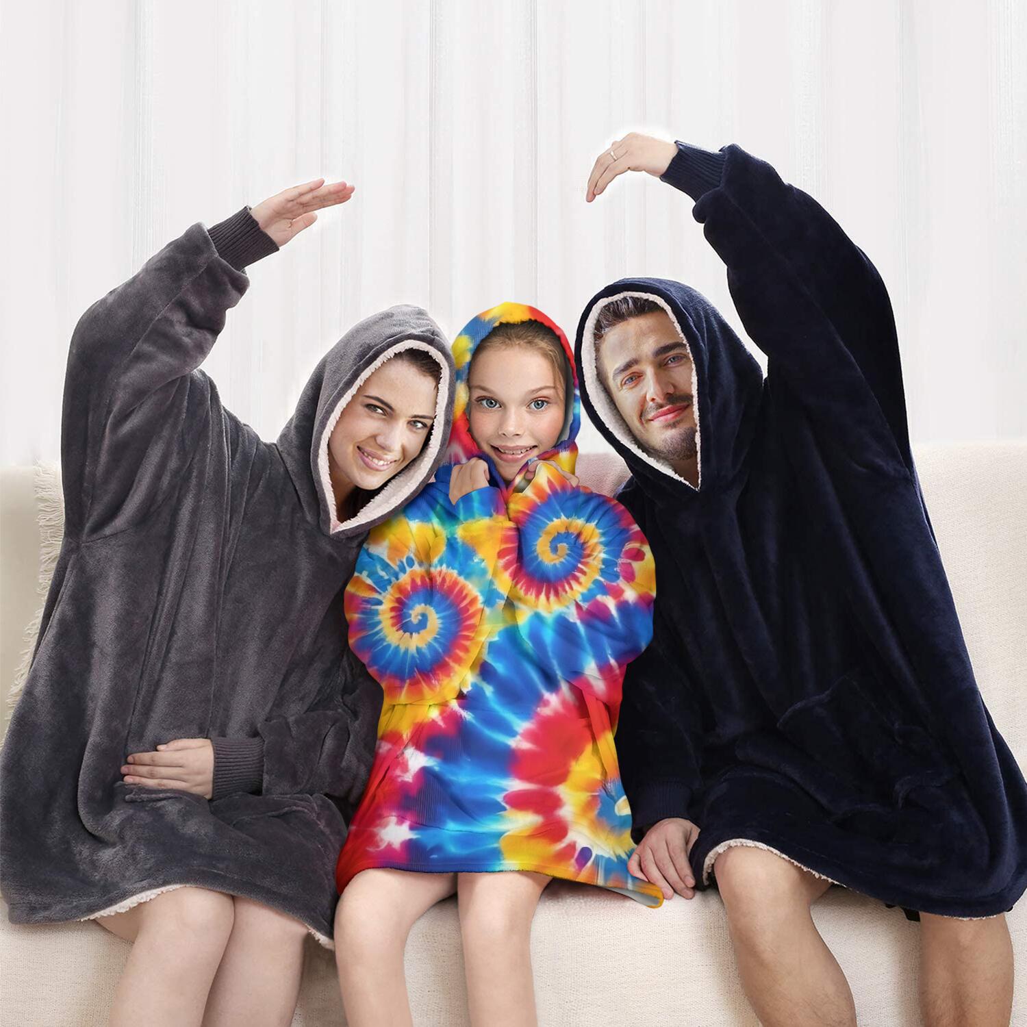 Colorful Tie Dye Multi Spiral Pattern Blanket Hoodies for Kids 6-13YR Oversize Wearable Blanket Hoodies for Boys Girls Teens